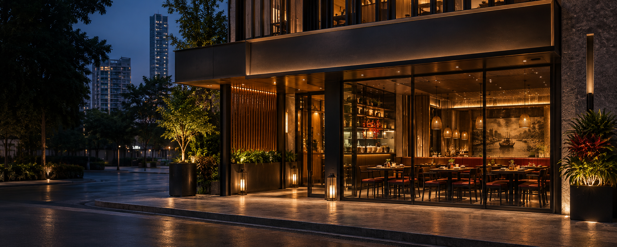 ร้านราชารสในบรรยากาศยามค่ำ